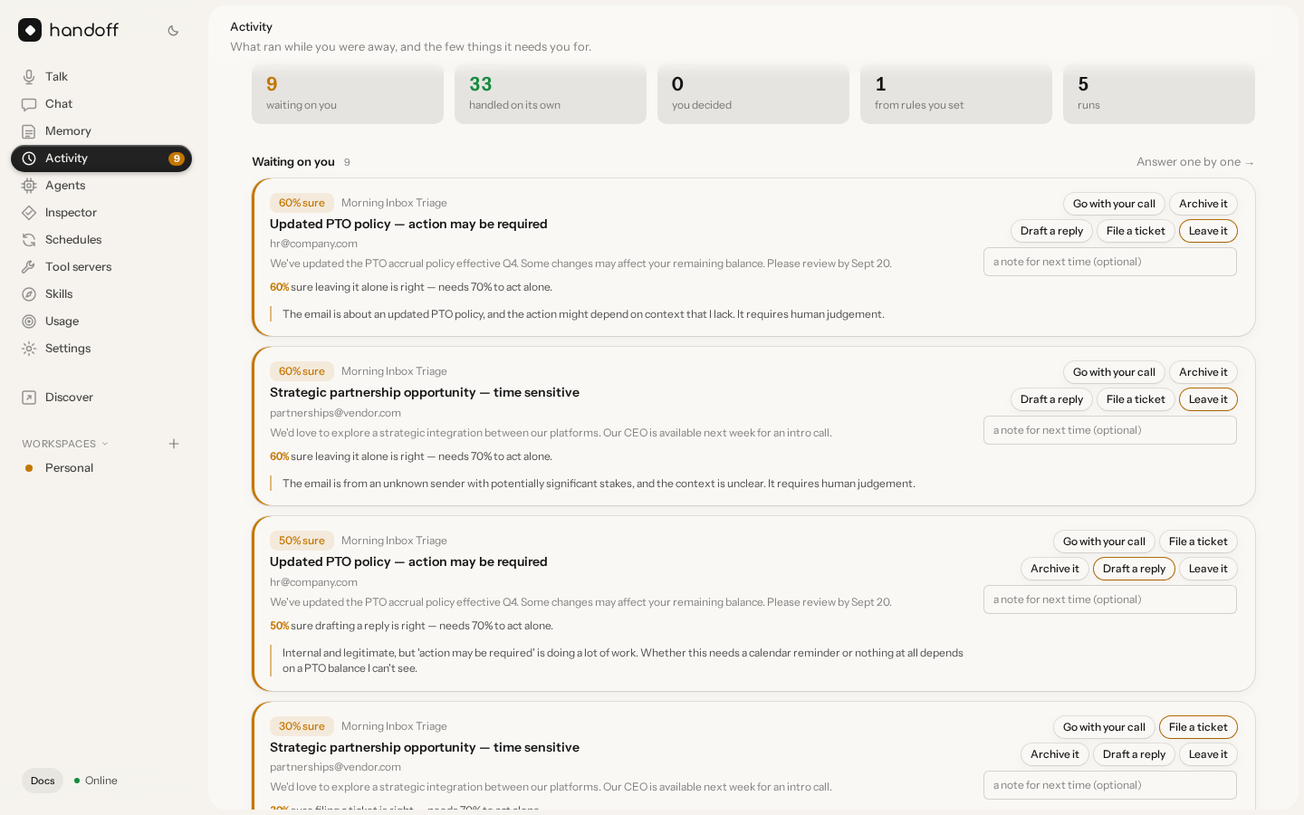 Activity: pending decisions across workspaces, answerable inline
