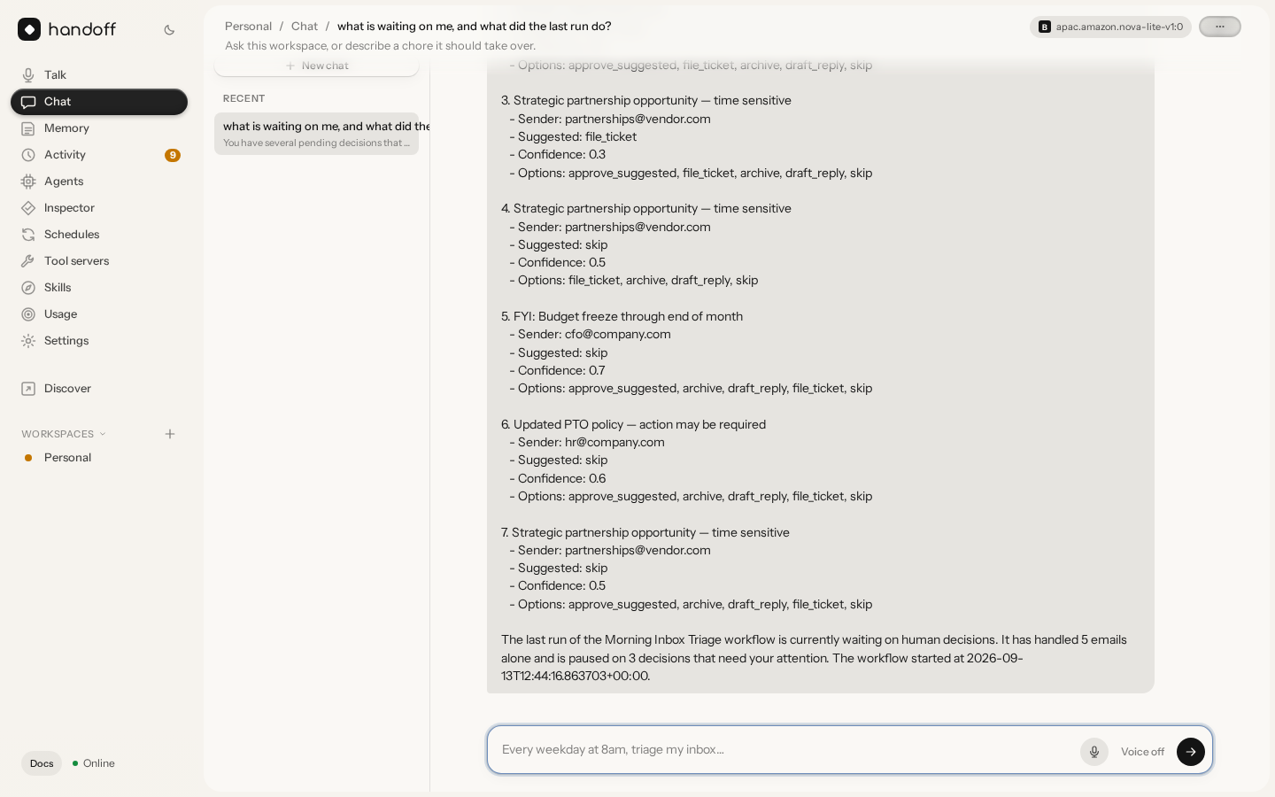 Chat: a persisted Strands session that operates the workspace and builds workflows
