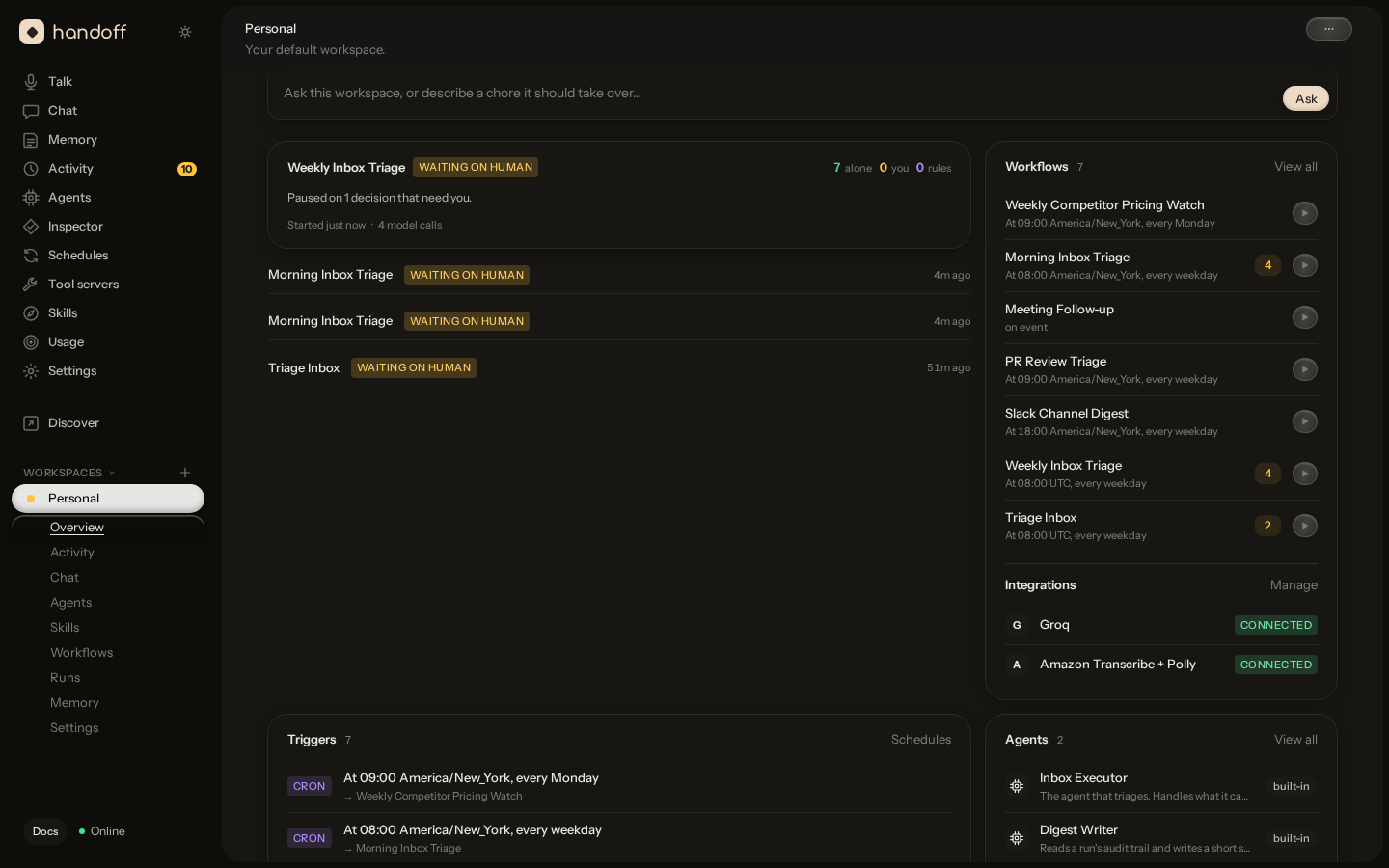 The workspace overview in the dark theme