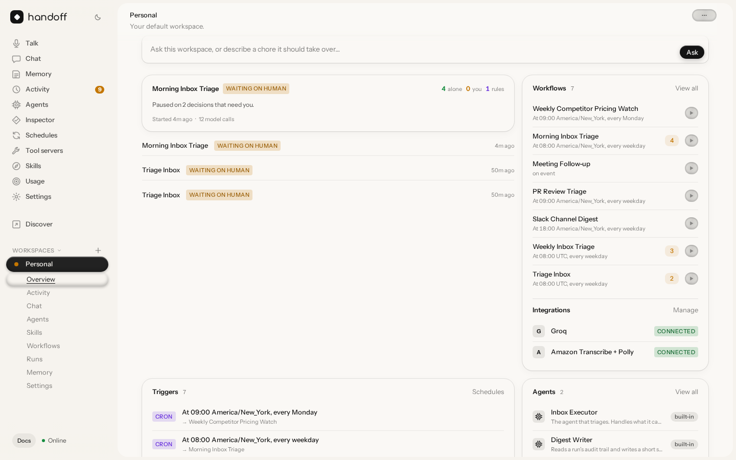 The workspace overview: latest runs, workflows, and what is waiting on you