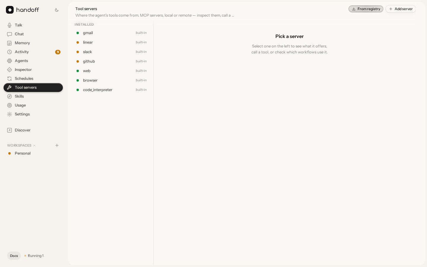 Tool servers: the MCP catalogue with a live tool invoker